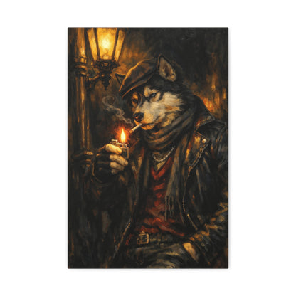 Husky Canvas Wall Art "Midnight Rebel" | Smoking Wolf Dog Canvas Print | Dark Academia Animal Wall Decor Art