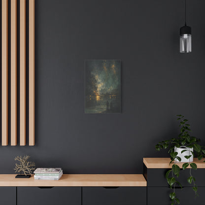Abstract Night Sky Canvas Wall Art "Golden Nocturne" | Moody Black and Gold Canvas Print | Celestial Lake Wall Decor Art