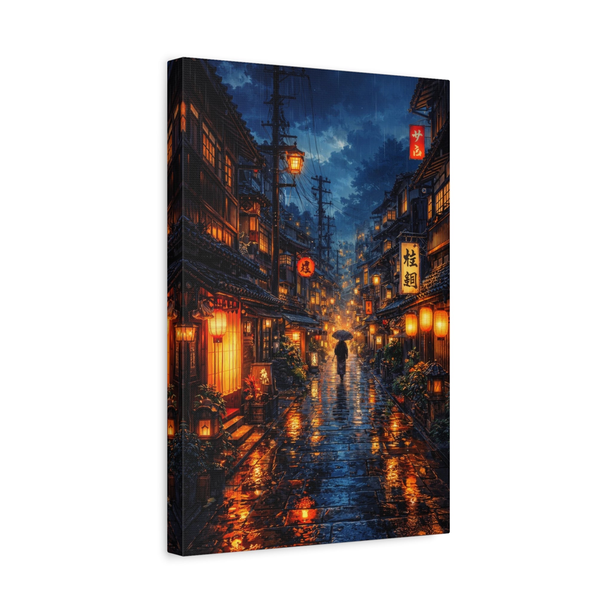 Japanese Street Canvas Wall Art "Lantern Rain" | Kyoto Night Canvas Print | Anime Cityscape Wall Decor | Tokyo Alley Art