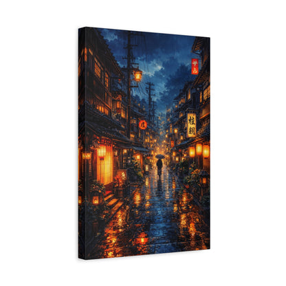 Japanese Street Canvas Wall Art "Lantern Rain" | Kyoto Night Canvas Print | Anime Cityscape Wall Decor | Tokyo Alley Art