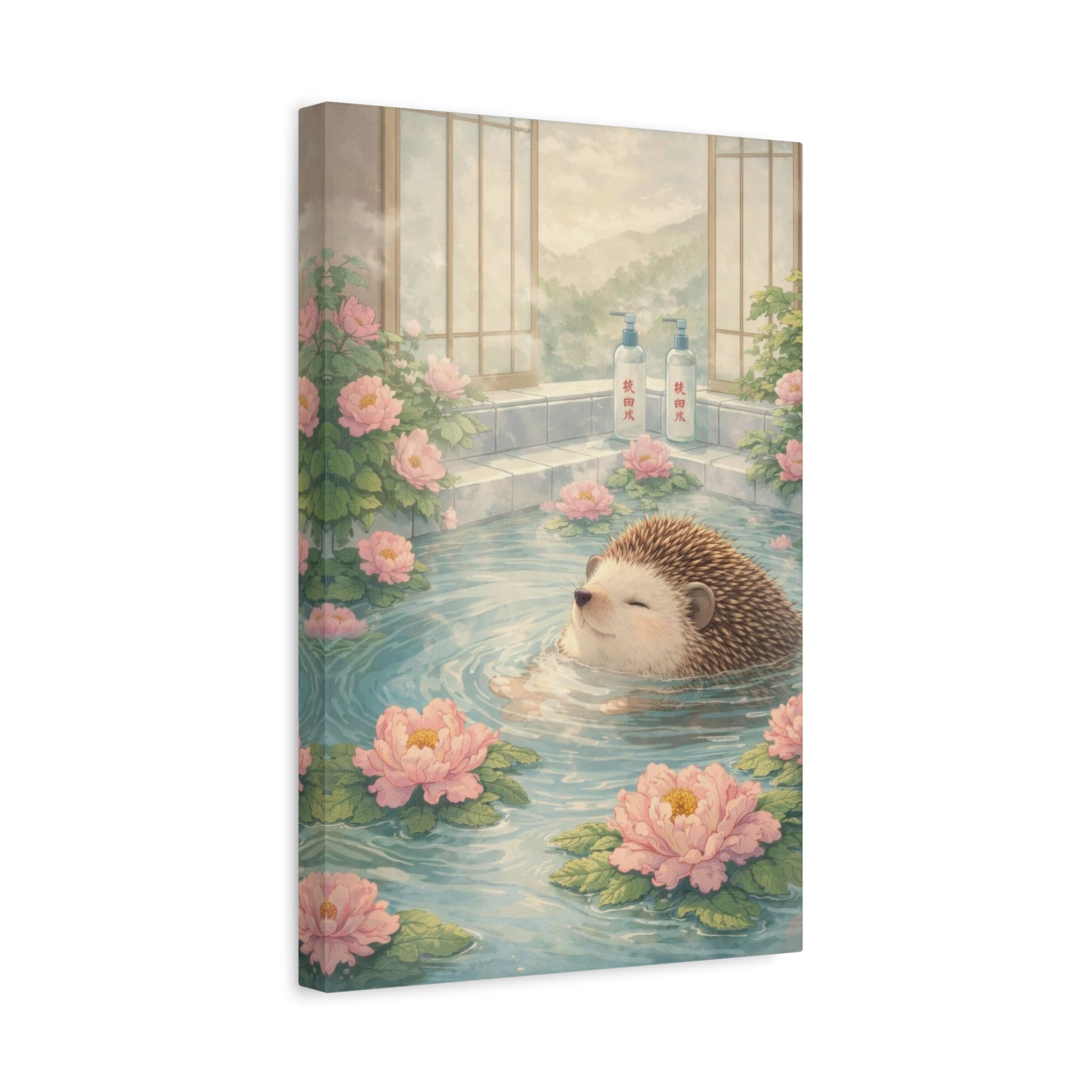 Hedgehog Bath Canvas Wall Art "Blossom Springs" | Cute Japanese Hedgehog Canvas Print | Kawaii Spa Wall Decor Art
