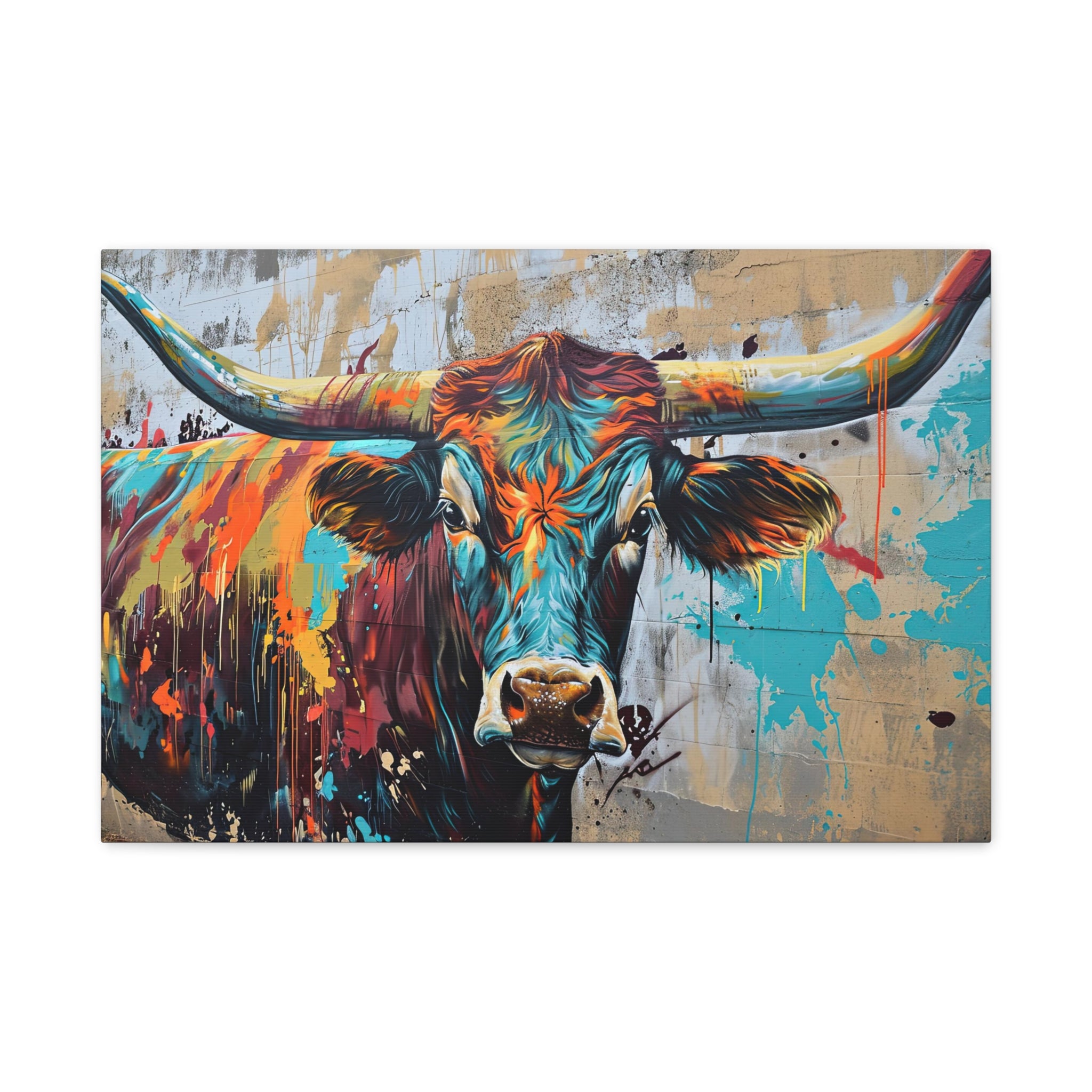 Colorful Longhorn Drawing Canvas Art "Prismatic Pastures"| Texas Longhorn Wall Art | Western Cattle Art | Contemporary Wildlife Ranch Decor