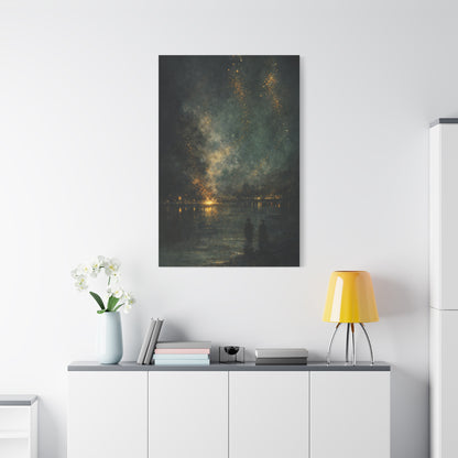 Abstract Night Sky Canvas Wall Art "Golden Nocturne" | Moody Black and Gold Canvas Print | Celestial Lake Wall Decor Art