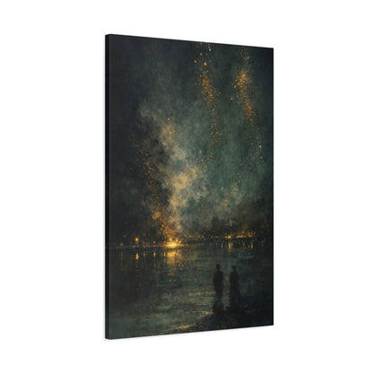 Abstract Night Sky Canvas Wall Art "Golden Nocturne" | Moody Black and Gold Canvas Print | Celestial Lake Wall Decor Art