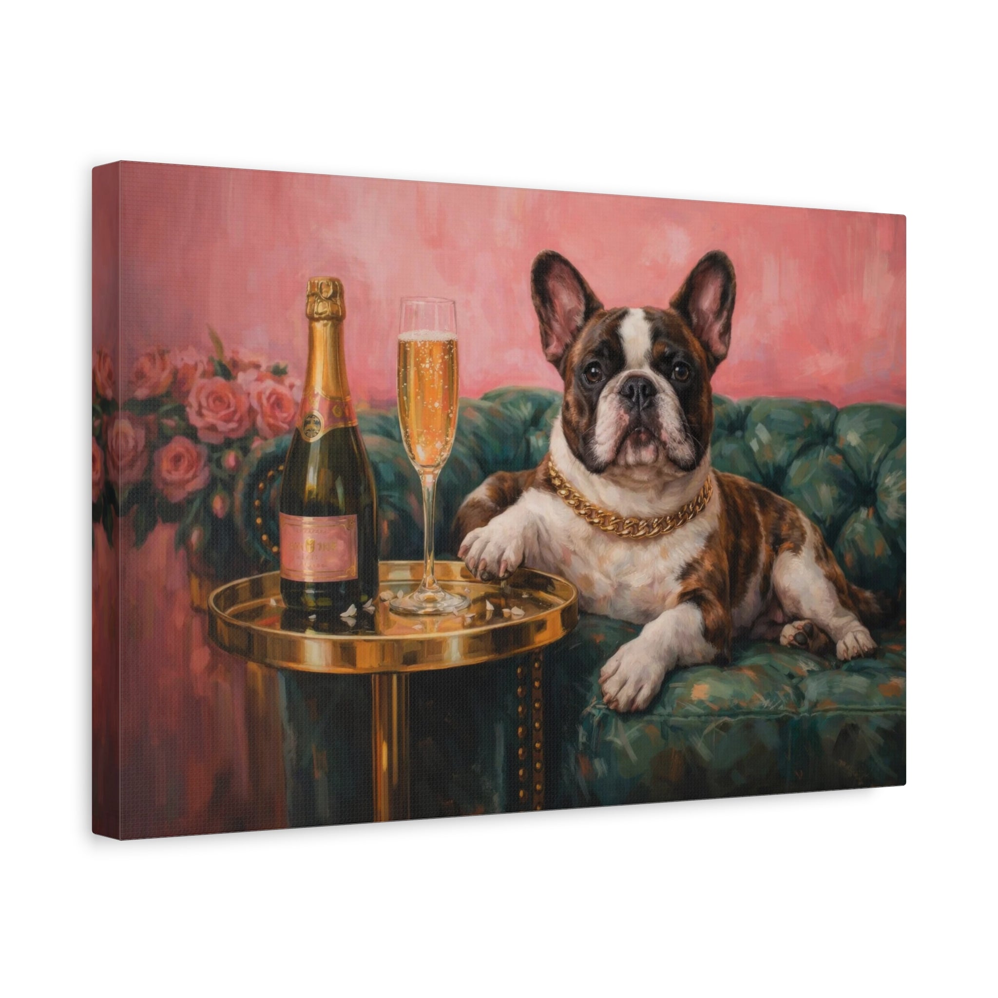 French Bulldog Canvas Wall Art "Champagne Pup" | Funny Dog Canvas Print | Luxury Frenchie Wall Decor | Pink Dog Painting Art