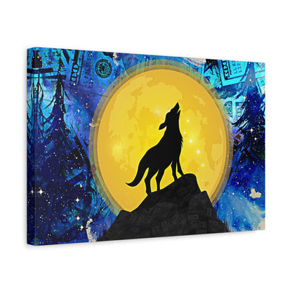 Howling Wolf and Moon Canvas Art "Lunar Prosperity" | Money Art Print | Blue and Yellow Wall Art | Howling Wolf In Prosperity Art Prints