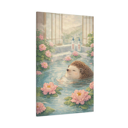 Hedgehog Bath Canvas Wall Art "Blossom Springs" | Cute Japanese Hedgehog Canvas Print | Kawaii Spa Wall Decor Art