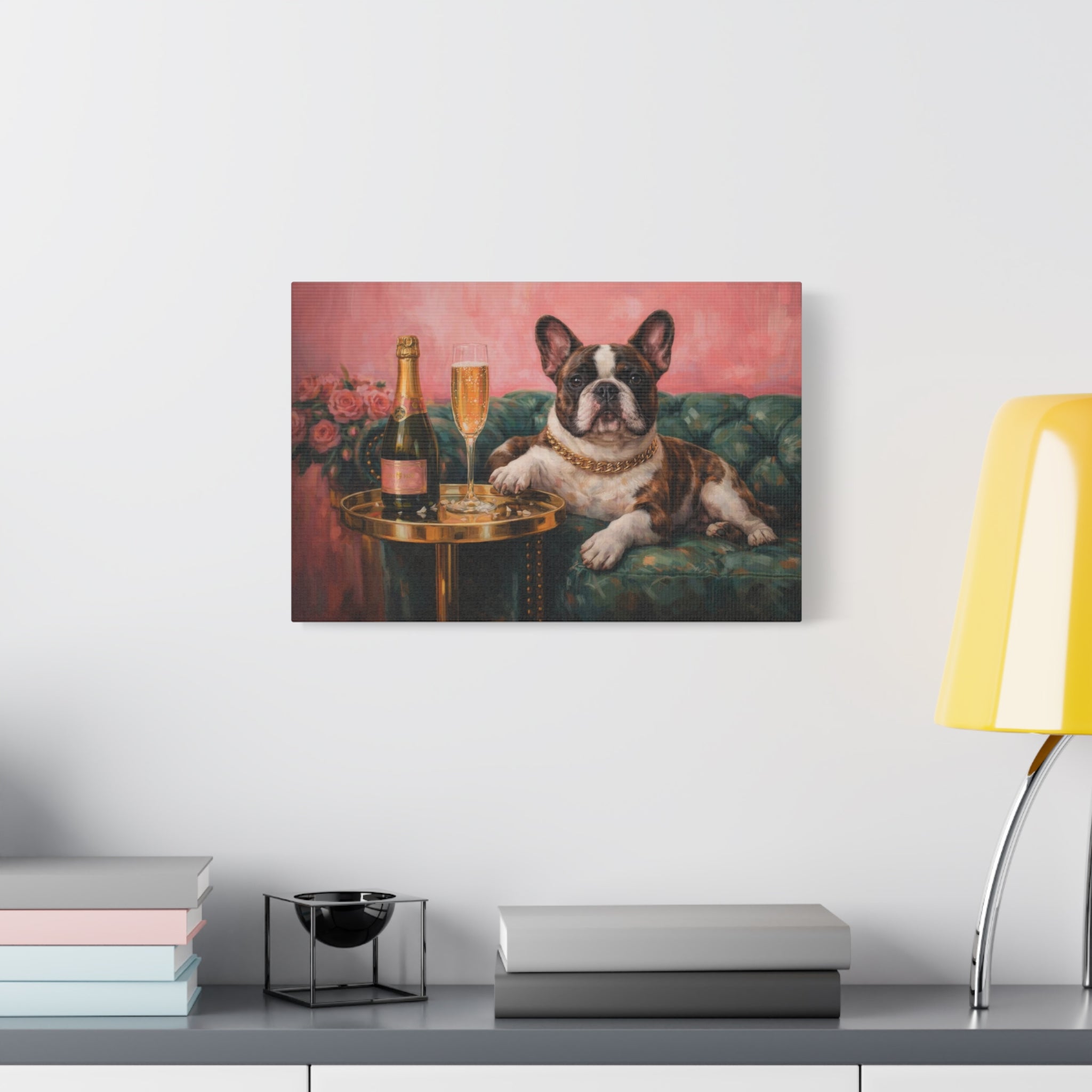 French Bulldog Canvas Wall Art "Champagne Pup" | Funny Dog Canvas Print | Luxury Frenchie Wall Decor | Pink Dog Painting Art