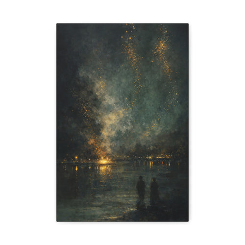 Abstract Night Sky Canvas Wall Art "Golden Nocturne" | Moody Black and Gold Canvas Print | Celestial Lake Wall Decor Art