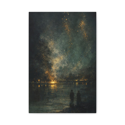 Abstract Night Sky Canvas Wall Art "Golden Nocturne" | Moody Black and Gold Canvas Print | Celestial Lake Wall Decor Art