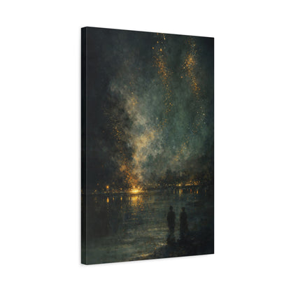 Abstract Night Sky Canvas Wall Art "Golden Nocturne" | Moody Black and Gold Canvas Print | Celestial Lake Wall Decor Art
