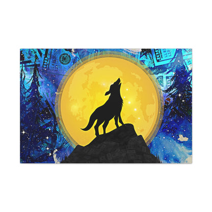 Howling Wolf and Moon Canvas Art "Lunar Prosperity" | Money Art Print | Blue and Yellow Wall Art | Howling Wolf In Prosperity Art Prints