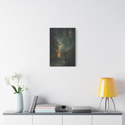 Abstract Night Sky Canvas Wall Art "Golden Nocturne" | Moody Black and Gold Canvas Print | Celestial Lake Wall Decor Art