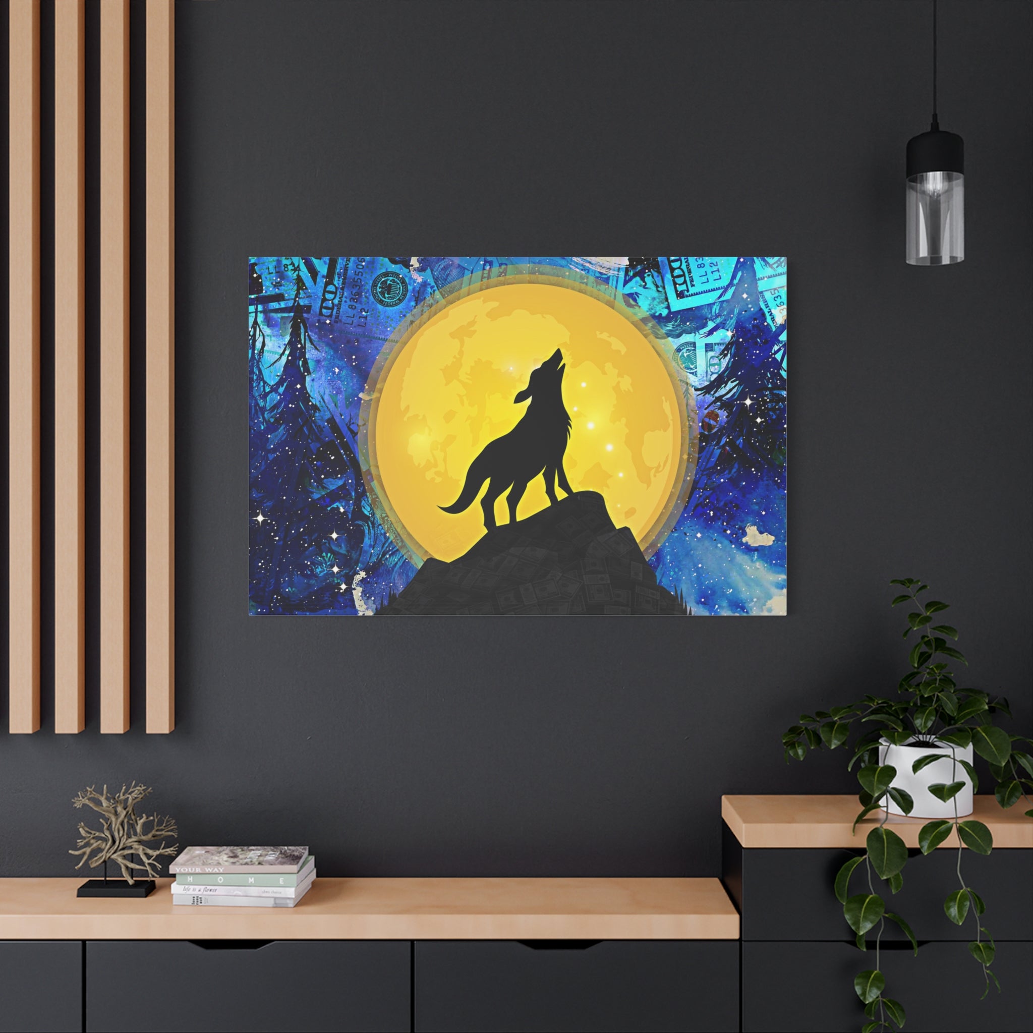 Howling Wolf and Moon Canvas Art "Lunar Prosperity" | Money Art Print | Blue and Yellow Wall Art | Howling Wolf In Prosperity Art Prints