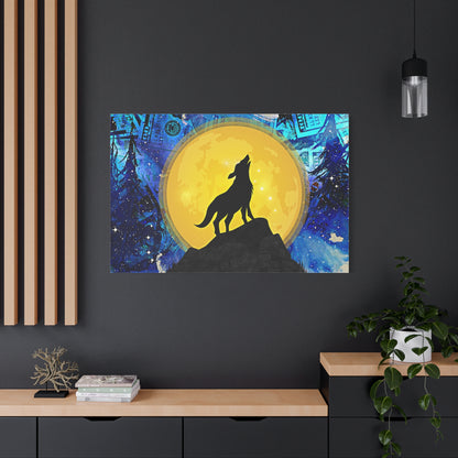 Howling Wolf and Moon Canvas Art "Lunar Prosperity" | Money Art Print | Blue and Yellow Wall Art | Howling Wolf In Prosperity Art Prints
