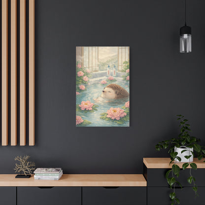 Hedgehog Bath Canvas Wall Art "Blossom Springs" | Cute Japanese Hedgehog Canvas Print | Kawaii Spa Wall Decor Art