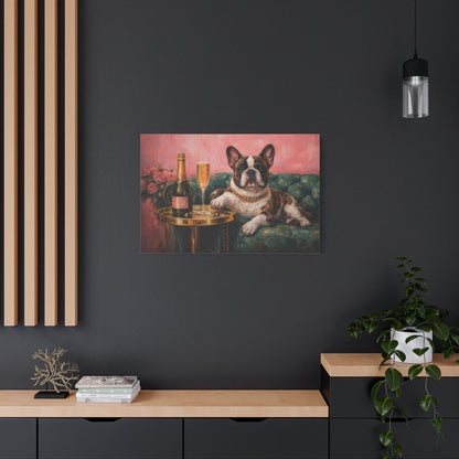 French Bulldog Canvas Wall Art "Champagne Pup" | Funny Dog Canvas Print | Luxury Frenchie Wall Decor | Pink Dog Painting Art