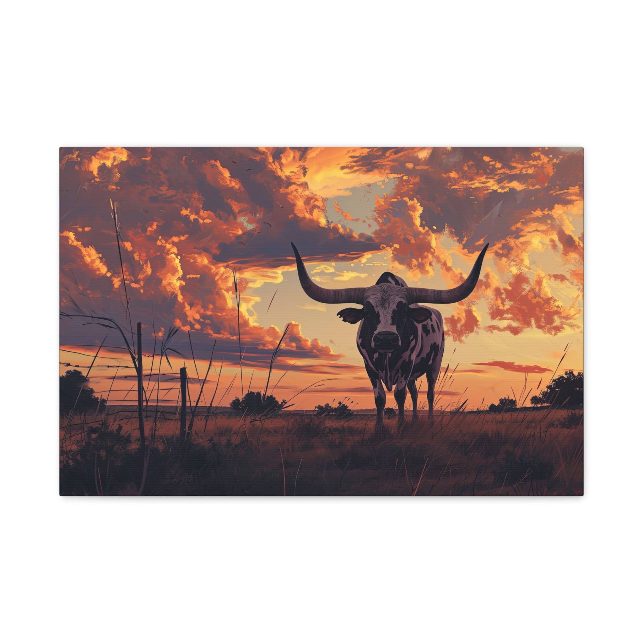 Lofi Rustic Longhorn Canvas Art "Rustic Longhorn Harmony"| Wild West Animal Texas Cattle Wall Art | Contemporary South Western Ranch Decor