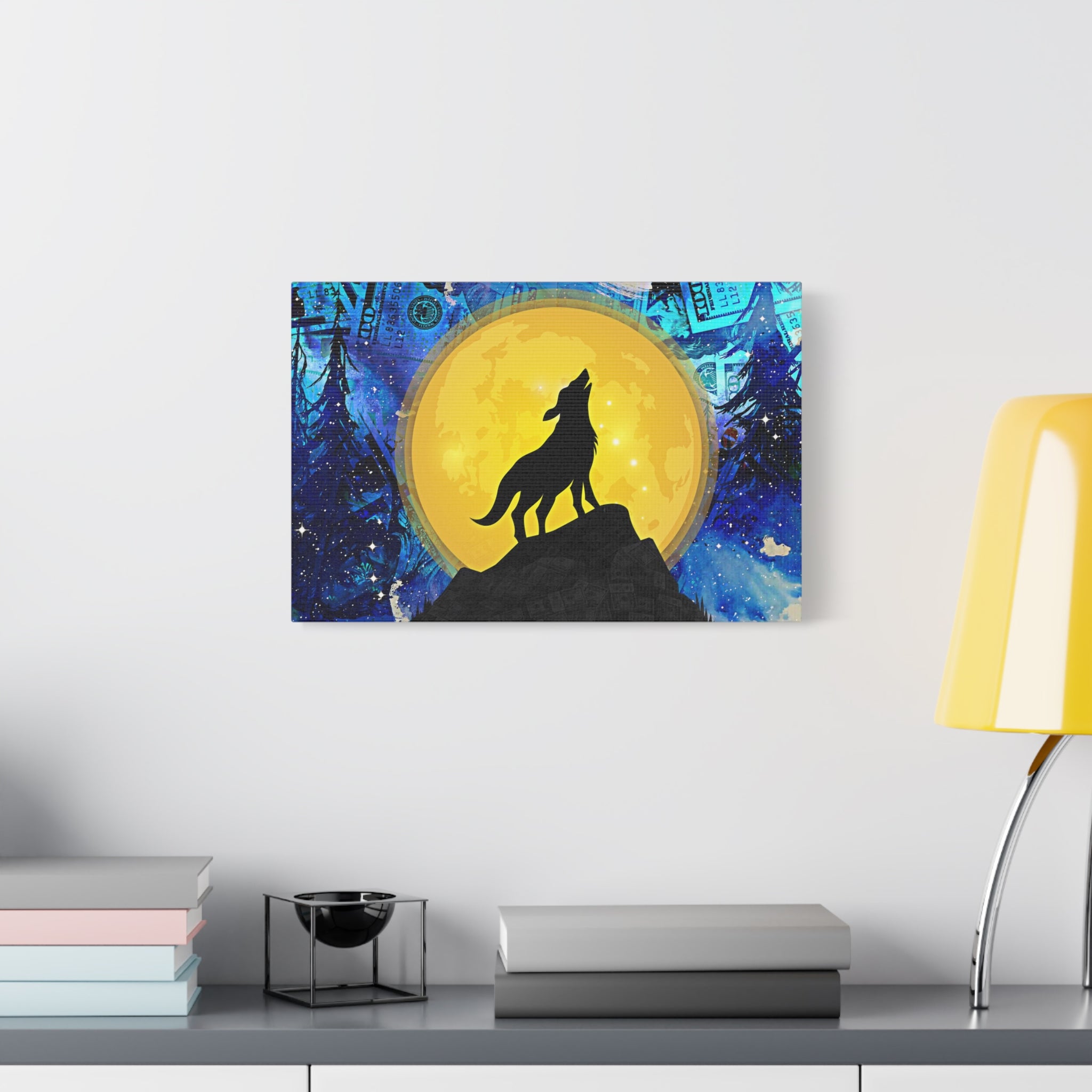 Howling Wolf and Moon Canvas Art "Lunar Prosperity" | Money Art Print | Blue and Yellow Wall Art | Howling Wolf In Prosperity Art Prints