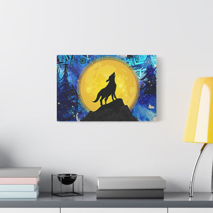 Howling Wolf and Moon Canvas Art "Lunar Prosperity" | Money Art Print | Blue and Yellow Wall Art | Howling Wolf In Prosperity Art Prints