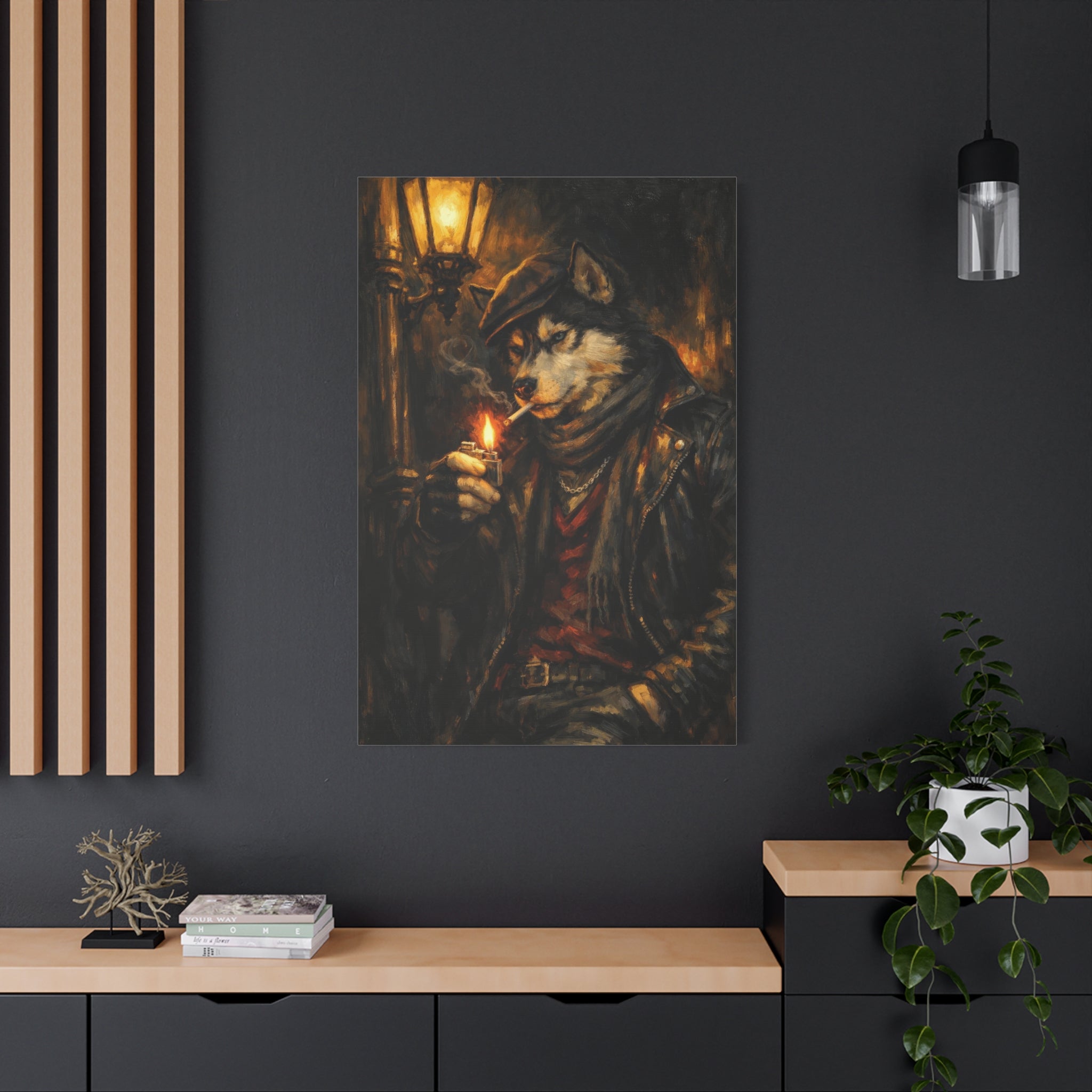 Husky Canvas Wall Art "Midnight Rebel" | Smoking Wolf Dog Canvas Print | Dark Academia Animal Wall Decor Art