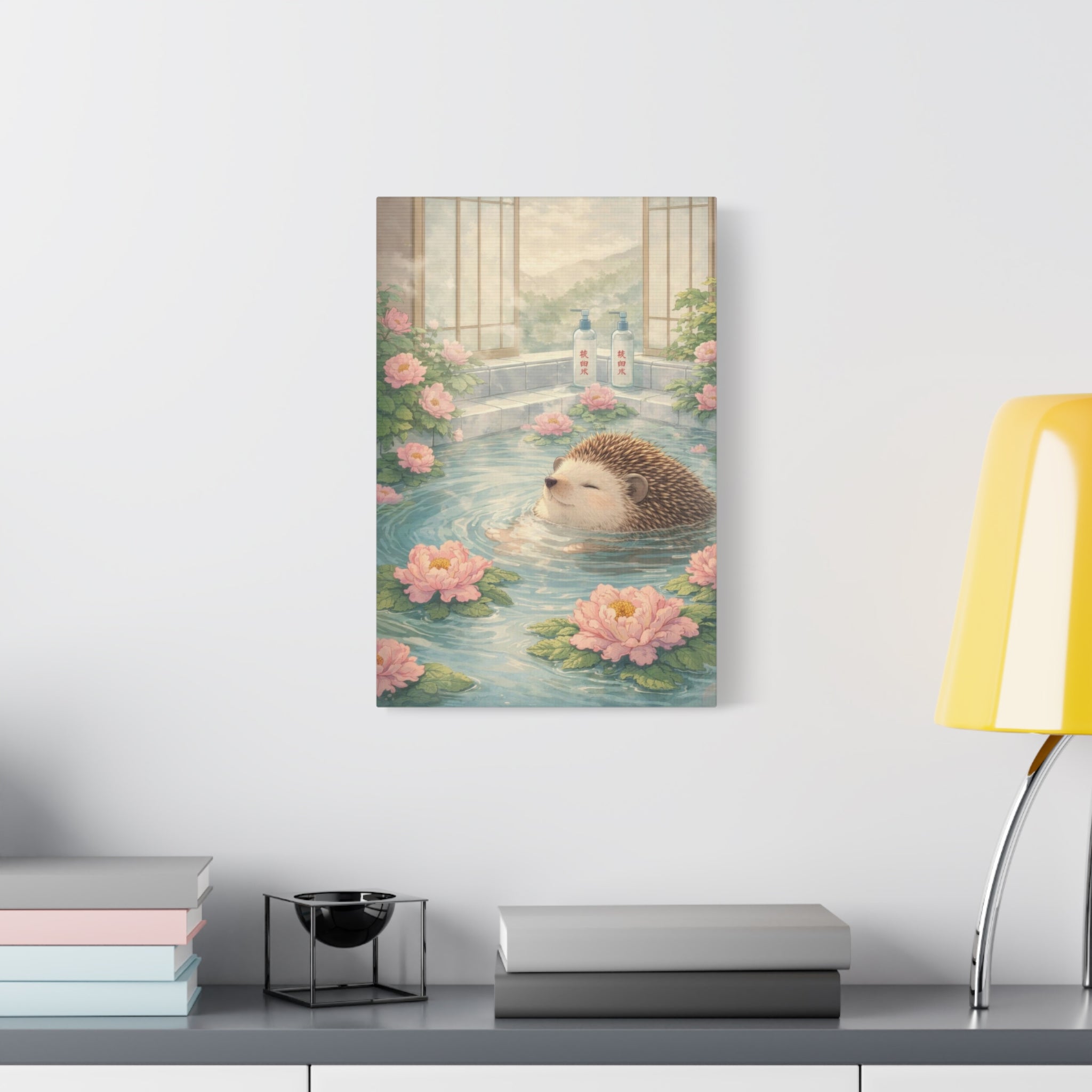 Hedgehog Bath Canvas Wall Art "Blossom Springs" | Cute Japanese Hedgehog Canvas Print | Kawaii Spa Wall Decor Art