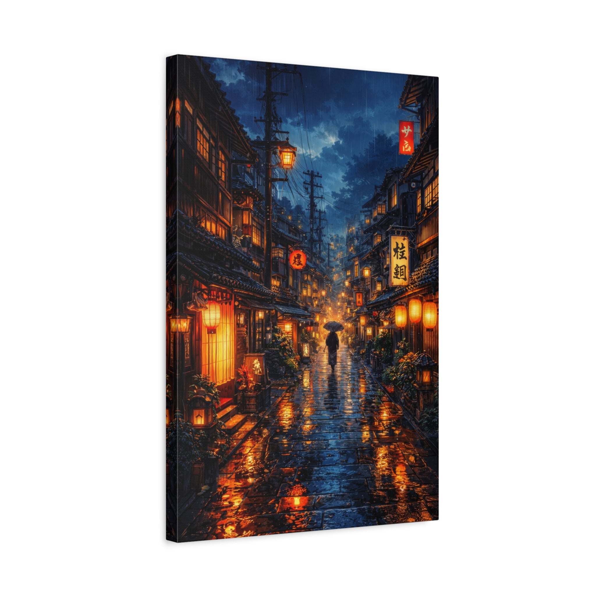 Japanese Street Canvas Wall Art "Lantern Rain" | Kyoto Night Canvas Print | Anime Cityscape Wall Decor | Tokyo Alley Art