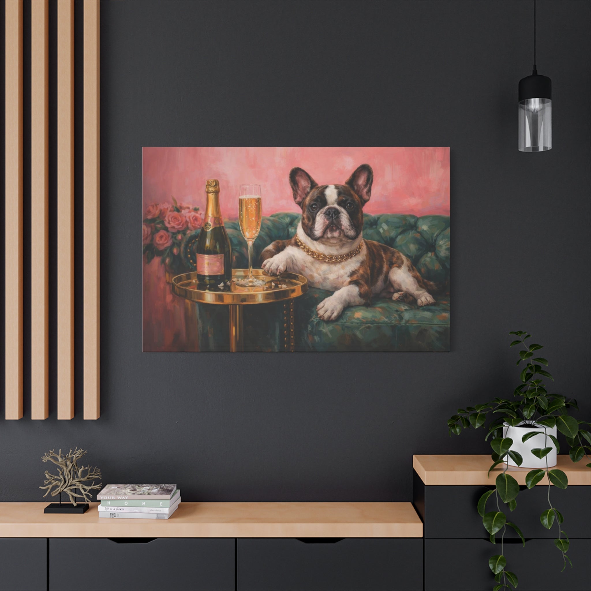 French Bulldog Canvas Wall Art "Champagne Pup" | Funny Dog Canvas Print | Luxury Frenchie Wall Decor | Pink Dog Painting Art
