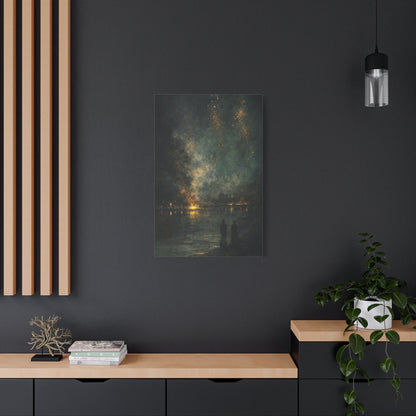 Abstract Night Sky Canvas Wall Art "Golden Nocturne" | Moody Black and Gold Canvas Print | Celestial Lake Wall Decor Art