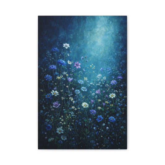 Blue Wildflower Canvas Wall Art "Moonlit Garden" | Moody Floral Canvas Print | Cottagecore Botanical Wall Decor Art