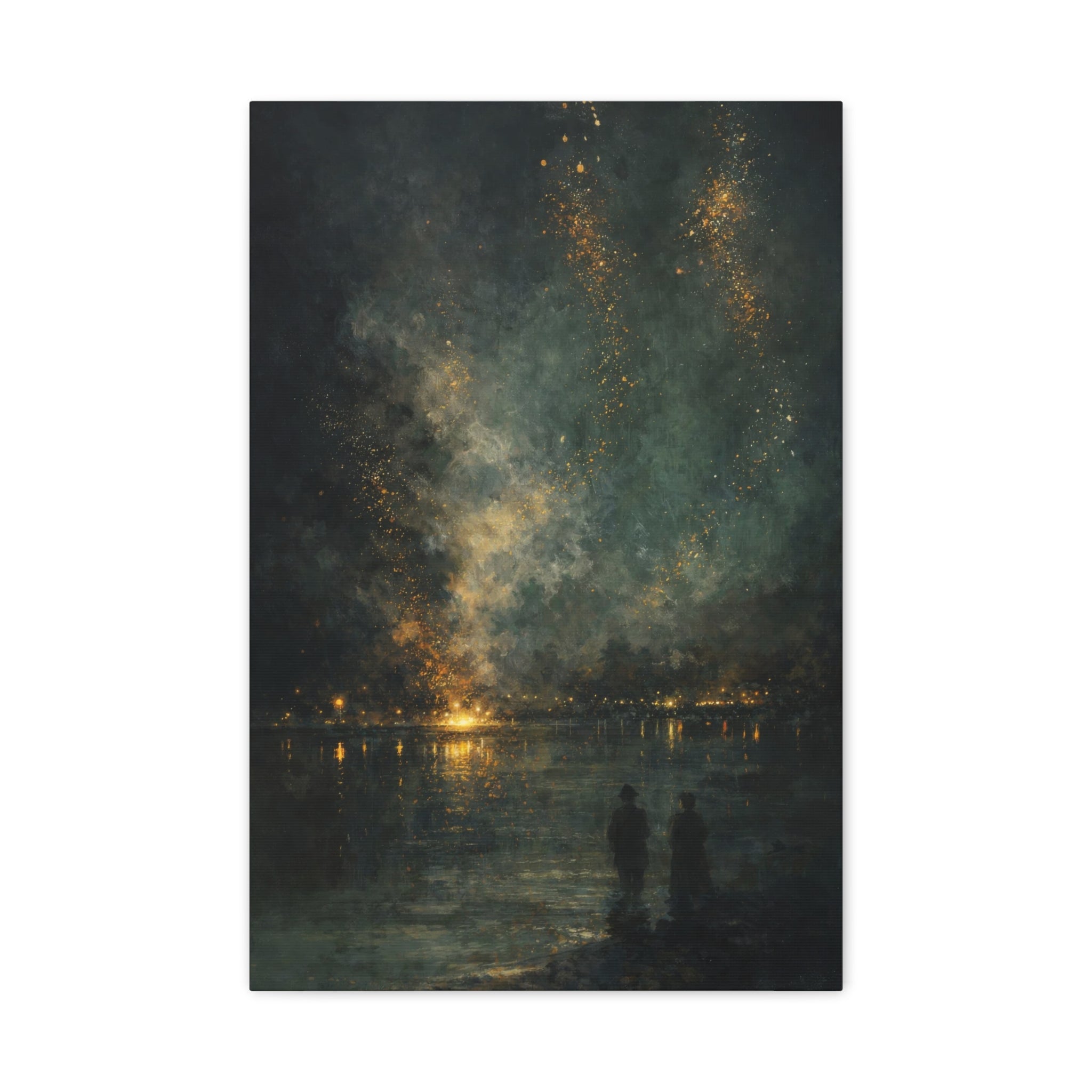 Abstract Night Sky Canvas Wall Art "Golden Nocturne" | Moody Black and Gold Canvas Print | Celestial Lake Wall Decor Art