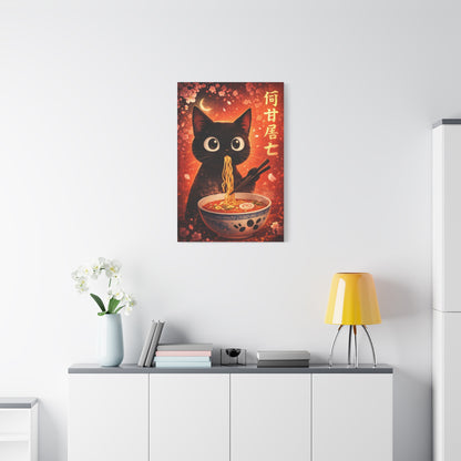 Black Cat Ramen Canvas Wall Art "Midnight Noodles" | Kawaii Japanese Cat Canvas Print | Anime Food Wall Decor Art