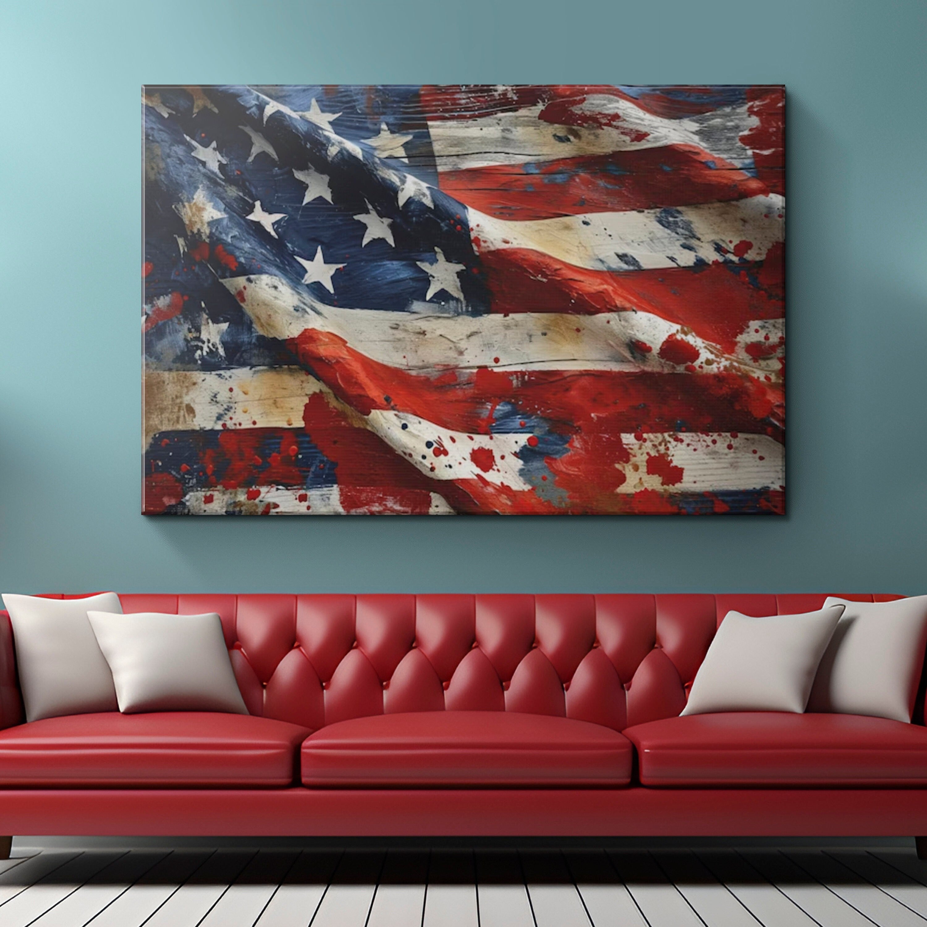 American Flag Splatter Painting Canvas Art "Stars and Stripes Splash" | Vintage Patriotism Wall Art | American Heritage Art Military Gifts